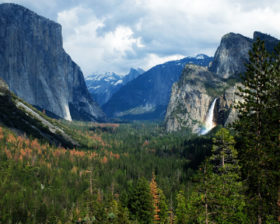 View of a valley with El Capitan (left) and Half Dome (middle) in the background.