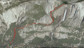 The red line marks the trail from Camp 4, all the way to Upper Yosemite Falls.